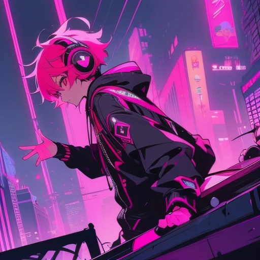 (short-cut), (Two-block hair), (vivid pink hair), (male character), (red eyes), (Cool pose), (of the highest quality), (masterpiece), (ultra-detailliert), (Oversized hoodies), (headphones), (Street), (neons), (Camera from a down angle), (Modern City), (Neon Daylight), (Cinematic), (Stylish), (hight resolution), (Hyper Detailed), (Looking at the camera), (Anime-style), (Softtown), (nightcore), (a handsome man), (Listening to music), (natural appearance of the building), (casual)