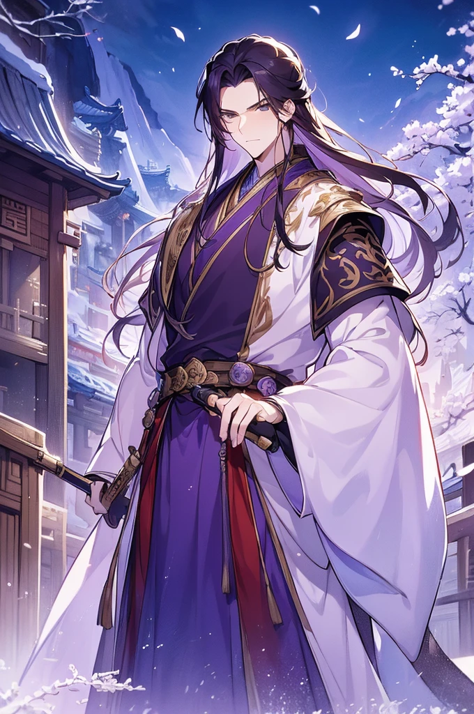 (Best quality,A high resolution,The image  clear:1.2),Ultra detailed backgrounds,Beautiful man standing holding sword，this it，wind blowing through，Chinese style clothes,Purple clothelack mink collar，Garden scene,under moonlight,waterfall man，Romantic atmosphere,Dutch Angle Shot,gentlesoftlighting,portrait of upper body，