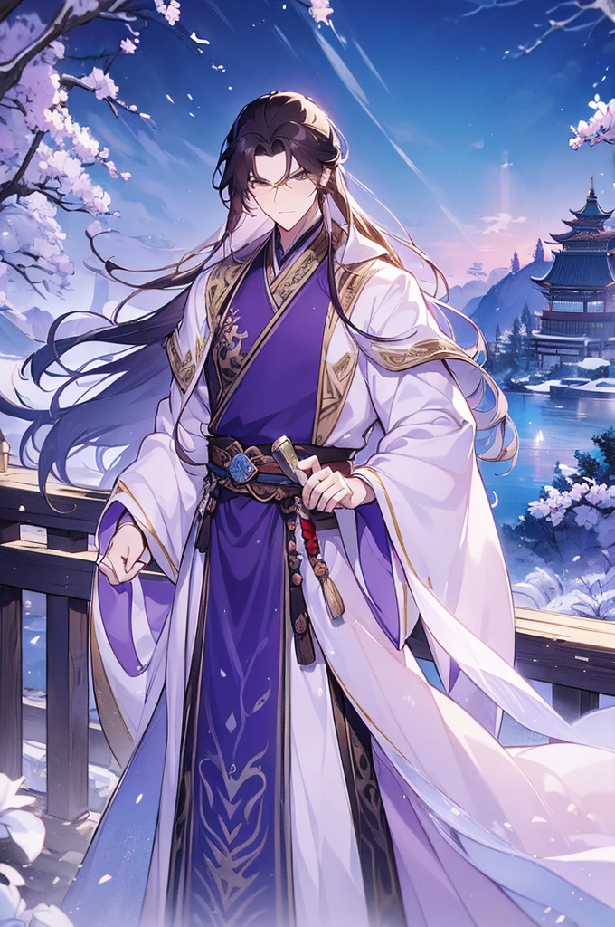 (Best quality,A high resolution,The image  clear:1.2),Ultra detailed backgrounds,Beautiful man standing holding sword，this it，wind blowing through，Chinese style clothes,Purple clothelack mink collar，Garden scene,under moonlight,waterfall man，Romantic atmosphere,Dutch Angle Shot,gentlesoftlighting,portrait of upper body，