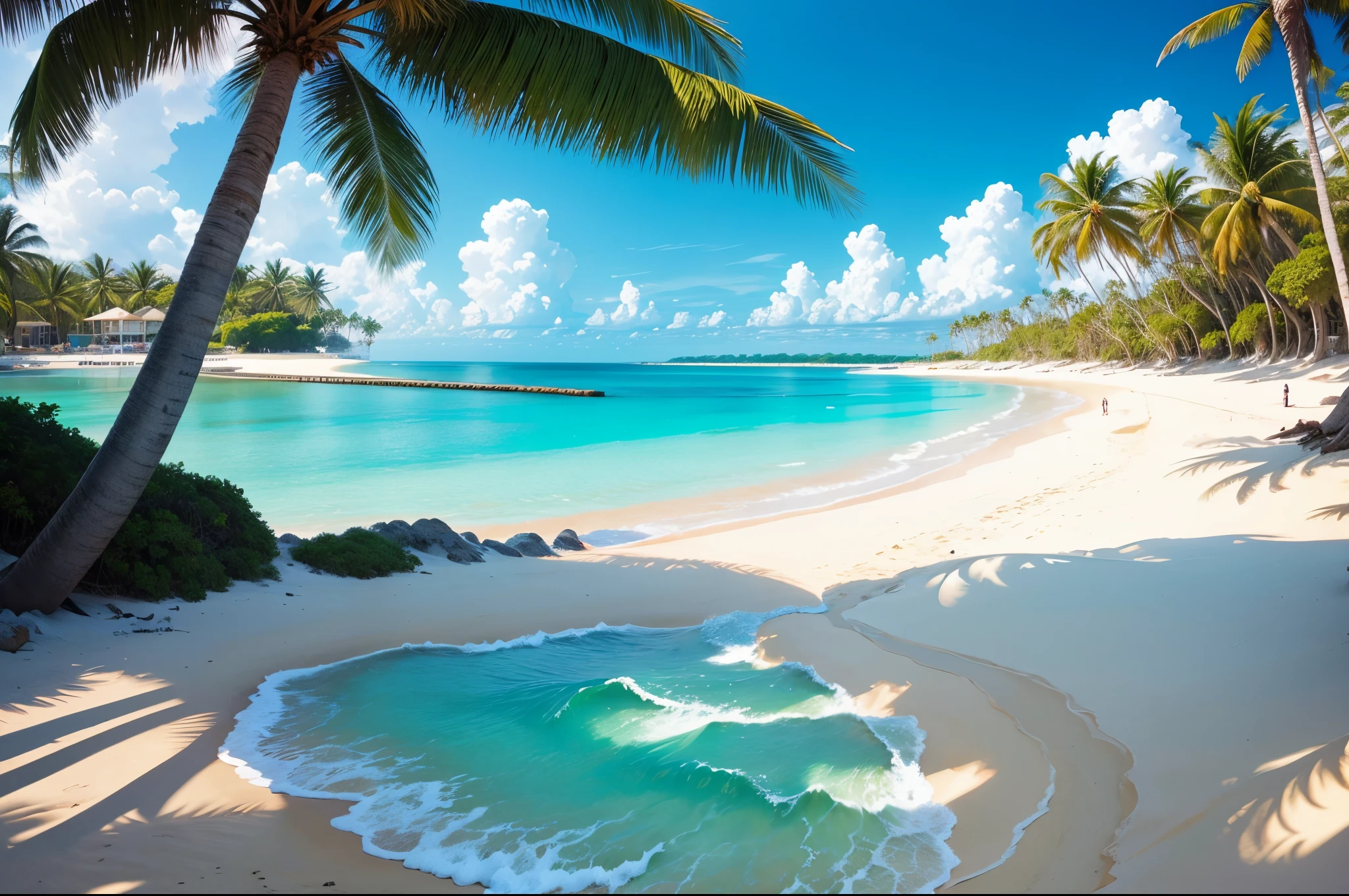 2D, A sun-drenched beach with crystal-clear turquoise water, gentle waves lapping on the shore, and palm trees swaying in the breeze.