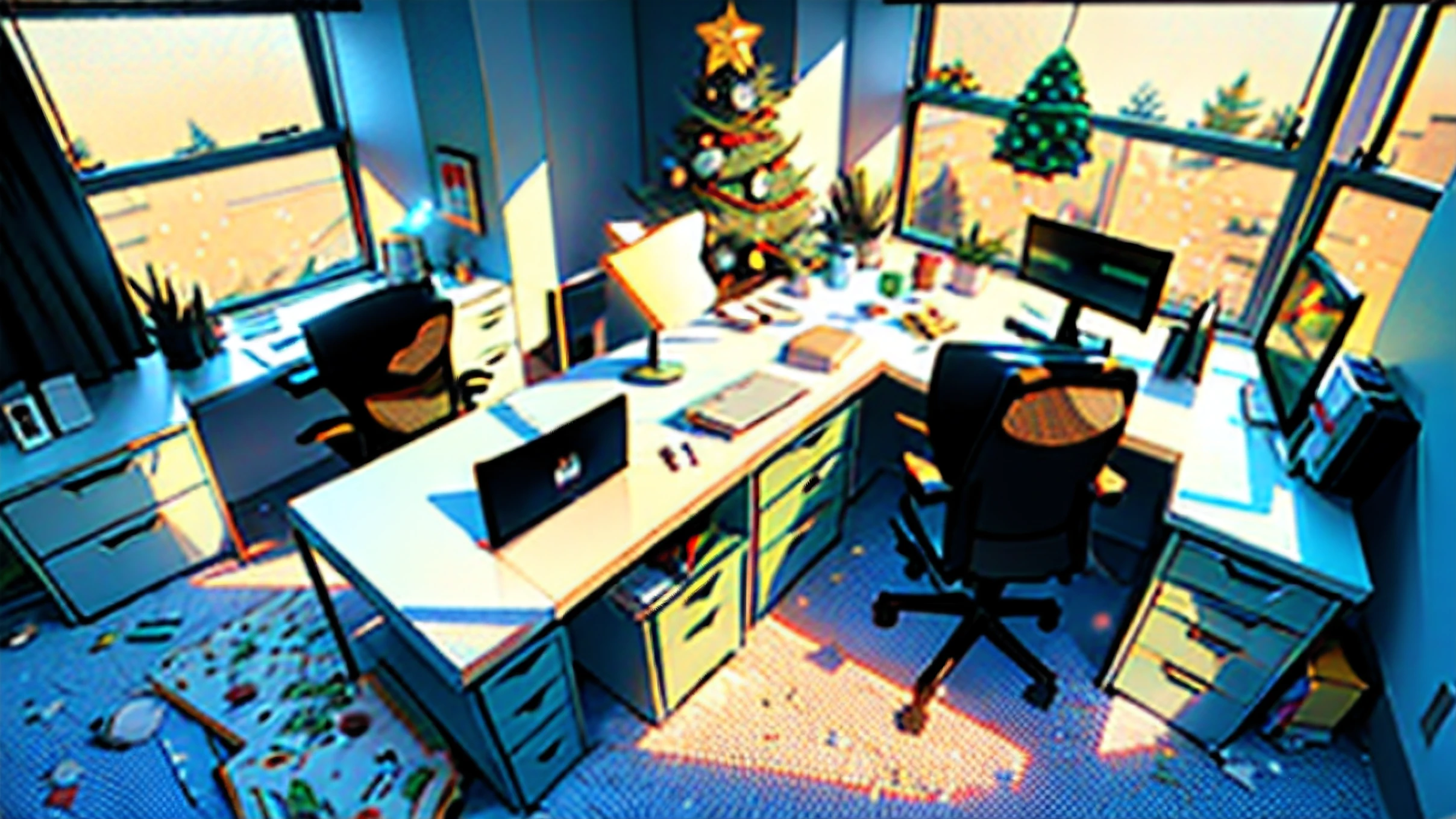 ((Abandoned messy home office room in Christmas season with disorganize working laptop and snackessy working desk), with snow and Christmas tree, coding studio, programmer studio, 3 monitors, headphones, mouse, keyboard, coffee