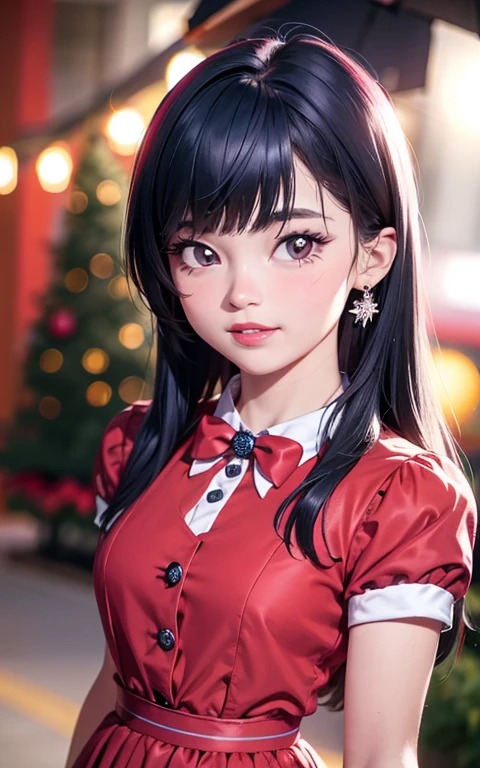 (La mejor calidad, Obra maestra), 1girl, 21 year old , brillar, vestido, Particle, viento, Flor, Parte superior del cuerpo , Mirando al espectador, cabello largo , lindos ojos , vestido rojo de navidad , Christmas Dress , maquillaje , labios rojos , sombra de ojos , hermosa sonrisa , background with christmas , senos grandes , largo cabello morado con mechas color rosa , foto de cuerpo completo , pose sexy , Pinky pie, ojos color morados, linda sonrisa , ropa roja santaclaus