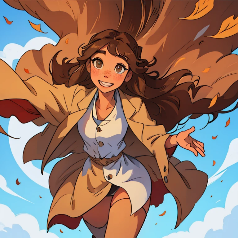 tmasterpiece, Best quality at best, {Best quality at best}, {{tmasterpiece}}, {A high resolution}, focal point, style of anime, A closeup of a woman, Girl design, Horse, Gisha, anime image, long whitr hair, A brown-haired, Brown pupils, Eyes as bright as Bambi，Hair covers the ears, Happy, Polished and powerful look,Soft，hairy pubic，The warm， exotic, tall, freckle, Smiling  ，围巾，coat large，Thin stature，Tall，big man，falling leaf，path，