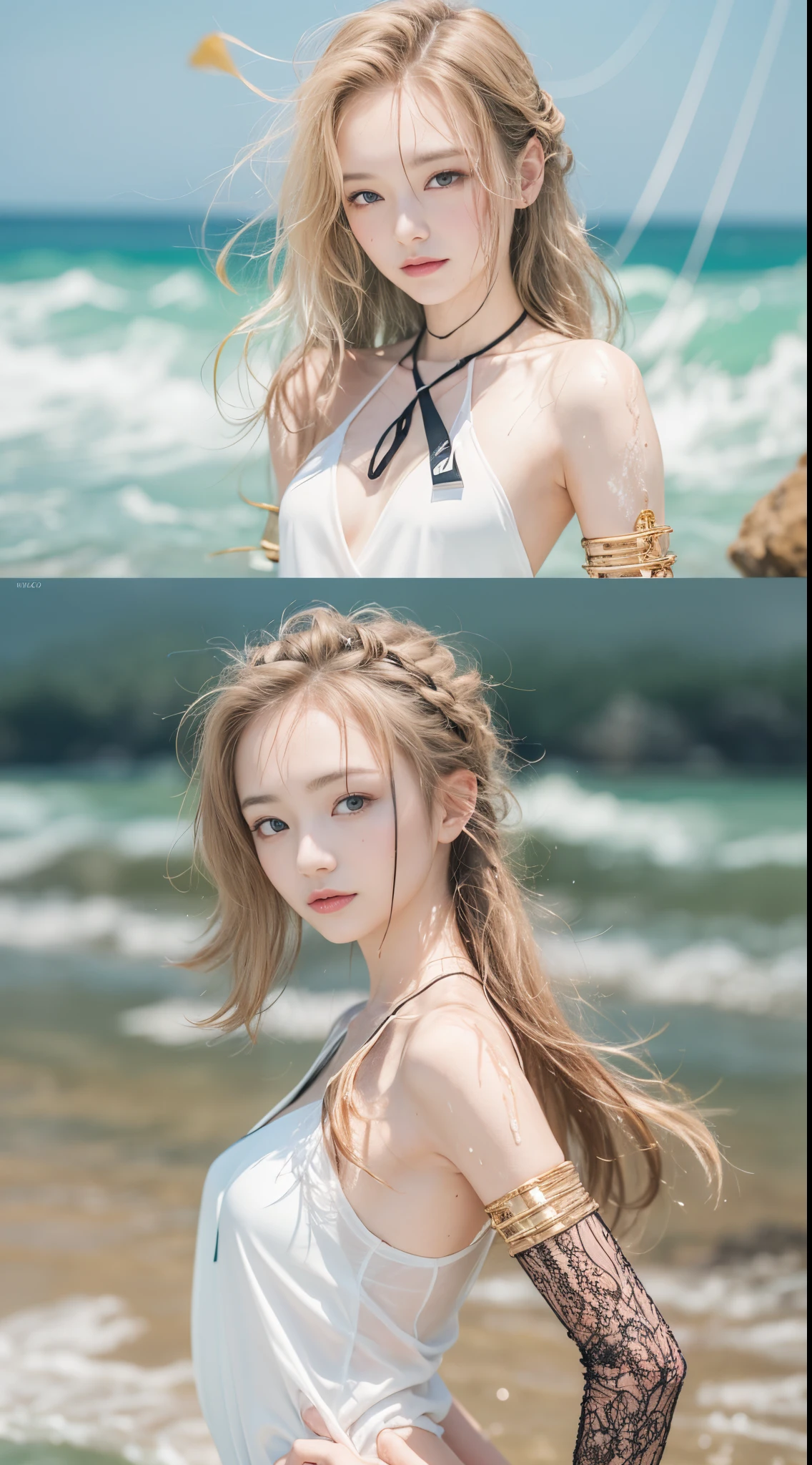 ((top-quality、Top image quality、超A high resolution))、14years、独奏、((small tits:1.7))、flat breast、small tit、slim smile and golden hair、Short ponytail、childlike 、Ultra-detailed and beautiful skin、Realistic and beautiful skin、Sandy beach and blue sky on background、silk micro bikini, delicate and beautiful face、Young models,Wet with water