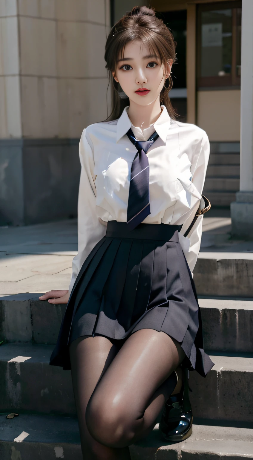 Korean School Uniform、Summer Uniform Shirts、Tight-fitting shirt、Ribbon Ties、skirt by the、Schools、stairs at school、Chest lifting pose、Commitment to the chest、Thin and large、8k RAW photo、hight resolution、18-year-old Korean、looking embarrassed、very large round breasts、intricate and fine details、long eyelasher、beautiful double eyelid、eyeshadows、eye line、elongated eyes、elongated eye shape、Sanpaku eyes are beautiful and thin, legit thin thighs、Random Shorthair、Tie your hair back、耳Nipple Ring、light brown hair、(Wear pantyhose)、Grab your knees，wears glasses