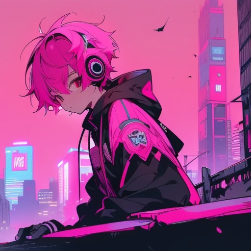 (short-cut), (Two-block hair), (vivid pink hair), (male character), (red eyes), (Cool pose), (of the highest quality), (masterpiece), (ultra-detailliert), (Oversized hoodies), (headphones), (Street), (neons), (Camera from a down angle), (Modern City), (Neon Daylight), (Cinematic), (Stylish), (hight resolution), (Hyper Detailed), (Looking at the camera), (Anime-style), (Softtown), (nightcore), (a handsome man), (Listening to music), (natural appearance of the building), (casual)