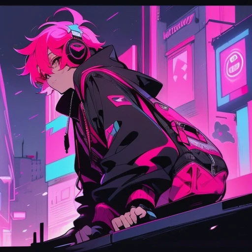 (short-cut), (Two-block hair), (vivid pink hair), (male character), (red eyes), (Cool pose), (of the highest quality), (​masterpiece), (ultra-detailliert), (Oversized hoodies), (headphones), (Street), (neons), (Camera from a down angle), (Modern City), (Neon Daylight), (Cinematic), (Stylish), (hight resolution), (Hyper Detailed), (Looking at the camera), (Anime-style), (Softtown), (nightcore), (a handsome man), (Listening to music), (natural appearance of the building), (casual)