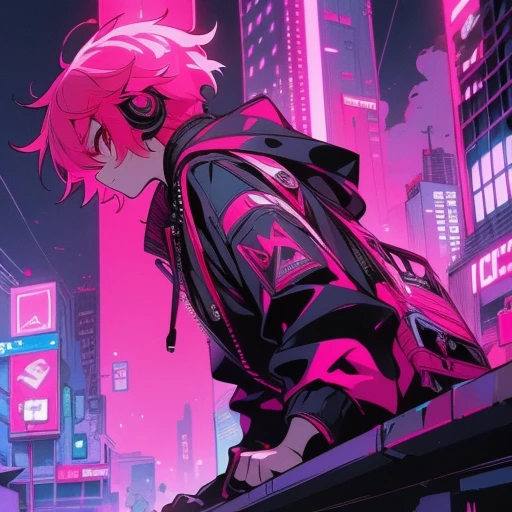 (short-cut), (Two-block hair), (vivid pink hair), (male character), (red eyes), (Cool pose), (of the highest quality), (masterpiece), (ultra-detailliert), (Oversized hoodies), (headphones), (Street), (neons), (Camera from a down angle), (Modern City), (Neon Daylight), (Cinematic), (Stylish), (hight resolution), (Hyper Detailed), (Looking at the camera), (Anime-style), (Softtown), (nightcore), (a handsome man), (Listening to music), (natural appearance of the building), (casual)