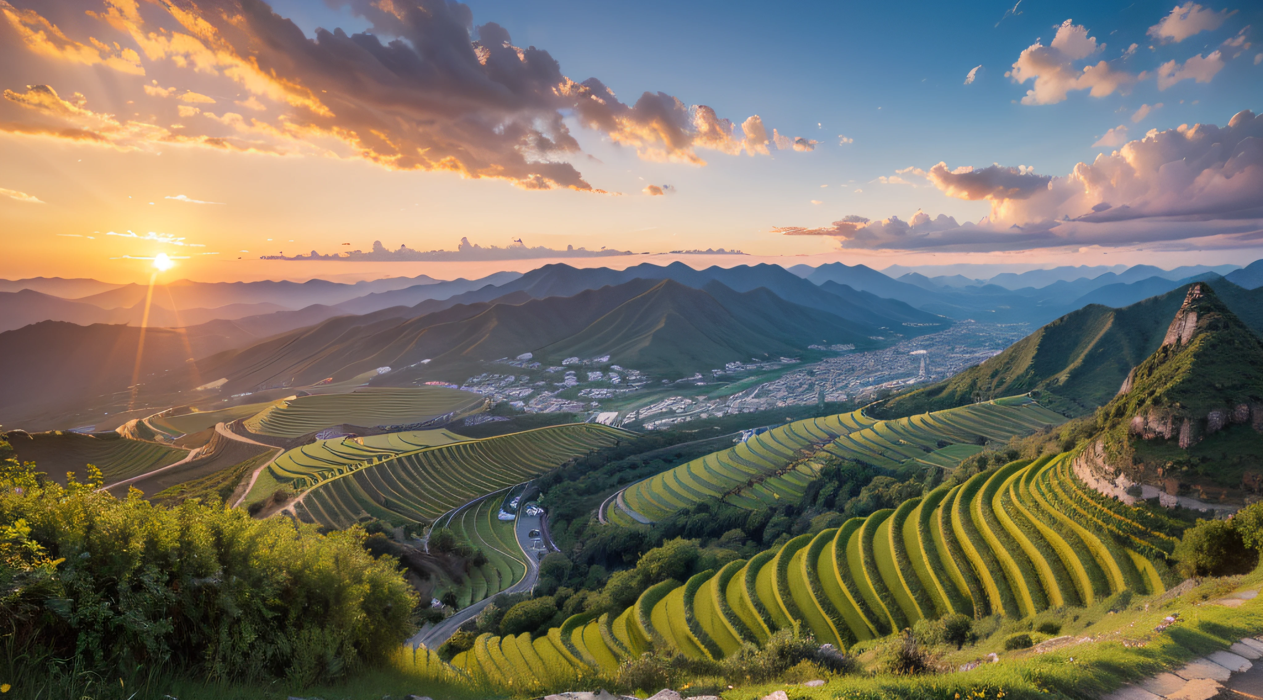 ((tmasterpiece)),(((Best quality))),Realistic photography,Spring Mountain,terraced fields scenery,sunrise and sunset(see full of sunshine),sky sky,clouds(large quantity,dense),The mountains are cloudy,Mountains and mountains(Distributed on both sides of the screen),Aerial shooting,iRAW photos,Shot with Sony A7R4,12mm/f12 lens,Ultra-wide angle composition,16K Ultra HD, SLR camera, high high quality, Incredible detail and complexity,ultra real photo