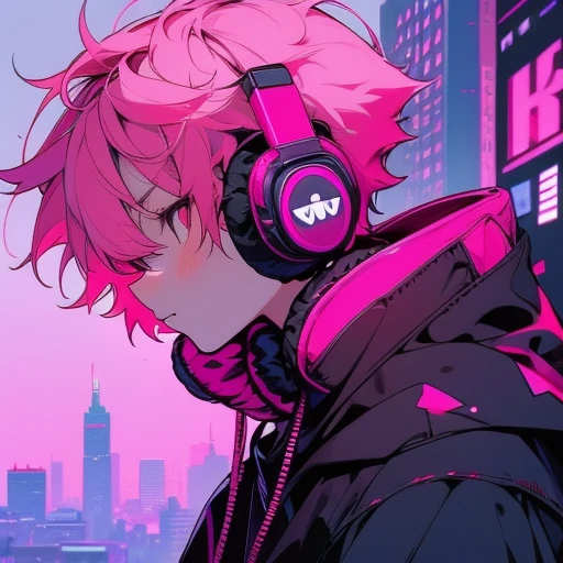(short-cut), (Two-block hair), (vivid pink hair), (male character), (red eyes), (Cool pose), (of the highest quality), (masterpiece), (ultra-detailliert), (Oversized hoodies), (headphones), (Street), (neons), (Camera from a down angle), (Modern City), (Neon Daylight), (Cinematic), (Stylish), (hight resolution), (Hyper Detailed), (Looking at the camera), (Anime-style), (Softtown), (nightcore), (a handsome man), (Listening to music), (natural appearance of the building), (casual)