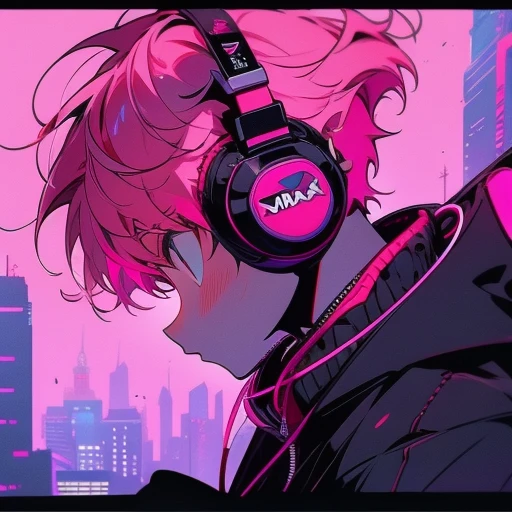 (short-cut), (Two-block hair), (vivid pink hair), (male character), (red eyes), (Cool pose), (of the highest quality), (masterpiece), (ultra-detailliert), (Oversized hoodies), (headphones), (Street), (neons), (Camera from a down angle), (Modern City), (Neon Daylight), (Cinematic), (Stylish), (hight resolution), (Hyper Detailed), (Looking at the camera), (Anime-style), (Softtown), (nightcore), (a handsome man), (Listening to music), (natural appearance of the building), (casual)