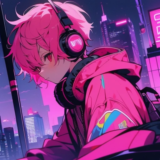 (short-cut), (Two-block hair), (vivid pink hair), (male character), (red eyes), (Cool pose), (of the highest quality), (masterpiece), (ultra-detailliert), (Oversized hoodies), (headphones), (Street), (neons), (Camera from a down angle), (Modern City), (Neon Daylight), (Cinematic), (Stylish), (hight resolution), (Hyper Detailed), (Looking at the camera), (Anime-style), (Softtown), (nightcore), (a handsome man), (Listening to music), (natural appearance of the building), (casual)