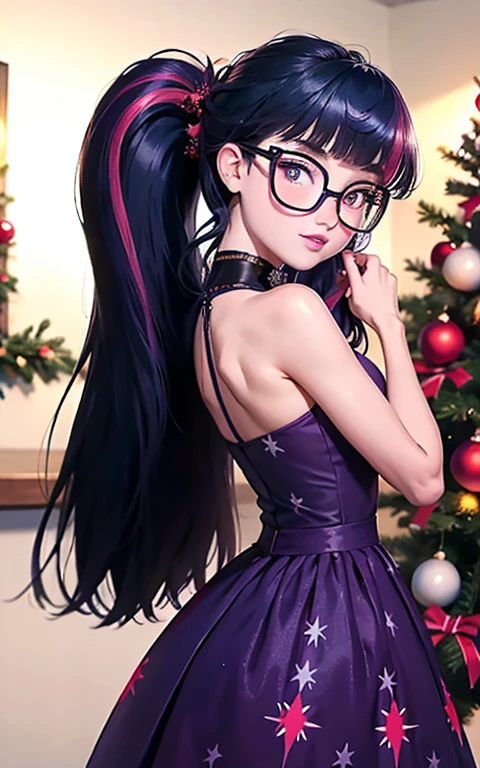 ((best quality)), ((highly detailed)), masterpiece, (detailed eyes, deep eyes), (1girl), dynamic angle, cowboy shot, mlptwilightsparkle, woman, smile, looking at viewer, ((long purple and pink hair)), ((purple eyes)), ((long eyelashes)), ((thick framed glasses)), (((light purple one piece strapless swimsuit))), cleavage, (indoor diner), white bunny tail on butt, (((white wrist cuffs))), ((white collar, bow tie, bunny ears)), woman, sexy, rosy cheeks, large breasts, realistic proportions, headband, hand on hip, curvy body, lipstick, thigh high fishnets, curvy hips, busty, leaning forward, hands on hips
