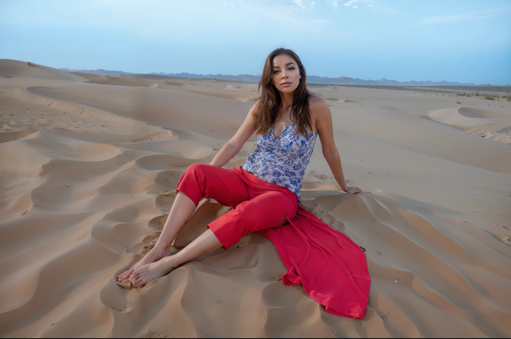 beautiful woman sitting on the sand in the desert