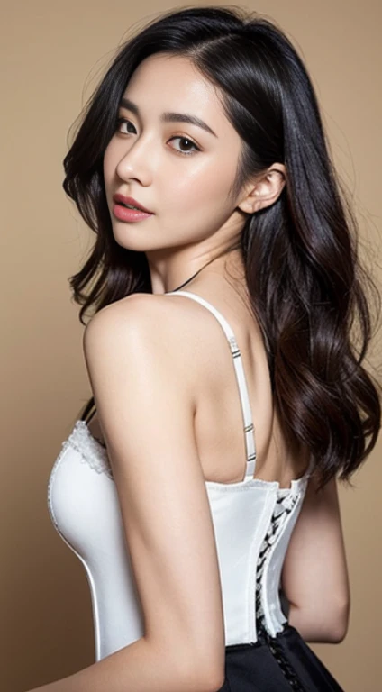 A woman with the same face as last time，１Man Woman、Slender Abs、Loose wavy styling、Please express it beautifully in every detail...full body Esbian.Backshots.corset top,santa claus、 Including face and skin texture.，Detailed eyes，Seducting look