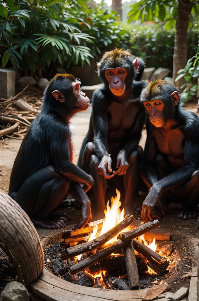 A group of monkeys around the fire