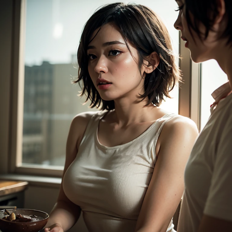 vivid colors, soft lighting, artistic portrait style, (tmasterpiece:1.2, Best quality at best), 1 woman, Alone, The upper part of the body, large tities, Tight white T-shirt and jeanlack short messy hair, makeup,Confident and relaxed, aprons,parted lips , teats slightly embossing, Look up at the lens, drunk face,