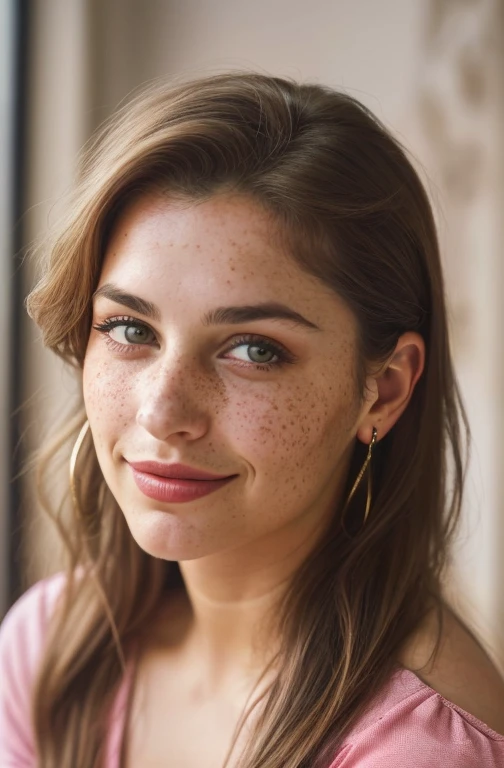 (foreground, Editorial photo of a 32 year old woman), (extra detailed face: 1.4) (smil: 0.7) (dark inner background, private studio: 1.ov., by lee jeffries, Nikon D850, Stock Photo Film, 4 Kodak Portra 400, camera lens F1.6, richly colored, hyperrealist, Realistic texture, Dramatic illumination, cinestill 800, El rostro de chiara montefiore que tiene en rostro ovarado, Surrounded by waves of brown hair that often cascade down to the shoulders. Forma de Almendra, Hazel eyes are expressive、Often has an air of mischief or deep thought。..... Una Recta, La naris delgada se sienta por encima de la prenitud, Pink lips, give an elegant atmosphere. Chiara's eyebrows are well defined, Arching gracefully over his eyes. Sue Pier Es de un Tono Oliva, Reminiscent of Mediterranean traditions, There are a handful of freckles on her cheeks, zora々Add a new charm.