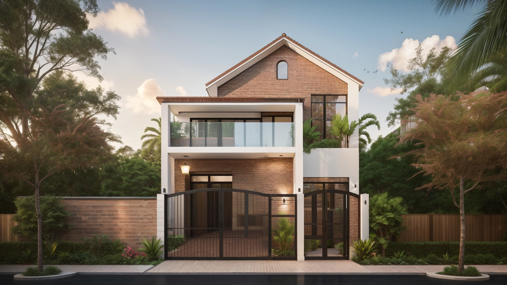 RAW photo,Masterpiece, high quality, best quality, authentic, super detail, townhouse, modern house,( brick wall:1.2) , glass windows, (wooden ceiling:1.1), railing glass, gate, fence, (curve:1.1),tropical trees, day, beautifu sky, (high detailed :1.2), 8k uhd, dslr, soft lighting, high quality, film grain, Fujifilm XT3