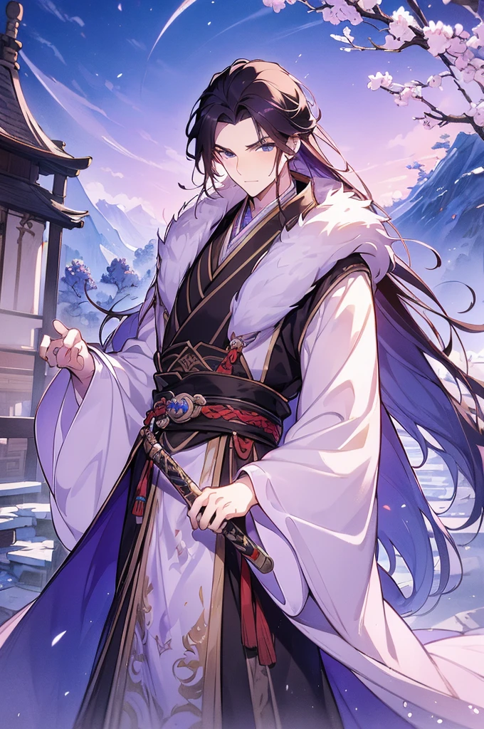 (Best quality at best,A high resolution,The image  clear:1.2),Ultra detailed backgrounds,Beautiful man standing holding sword，this it，wind blowing through，Chinese-style clothes,Purple clotheink collar，Fur collar，Garden scene,under moonlight,waterfall man，Romantic atmosphere,Dutch Angle Shot,gentlesoftlighting,portrait of upper body，