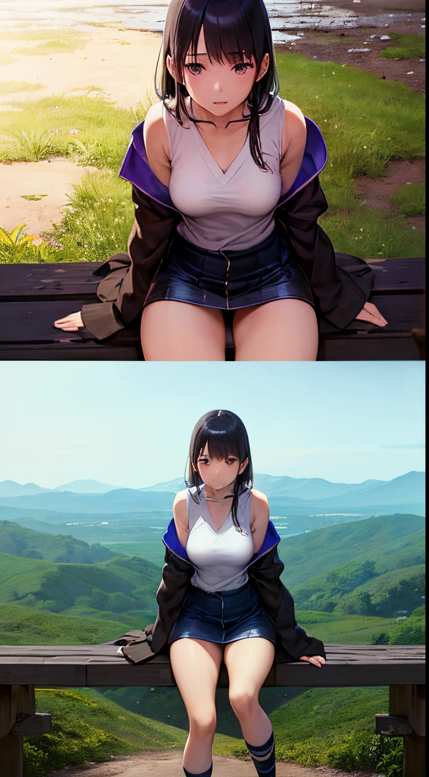 Hiroshi masumura, Mstislav Dobuzhinsky, Surreal, mysterious, strange, fantastical, fantasy, Sci-fi, Japanese anime, a miniskirt beautiful girl who repairs holes in the world, perfect body, imaginative mechanics, perspective and perspective, nails and boards, repaint, detailed masterpiece depth of field cinematic lighting