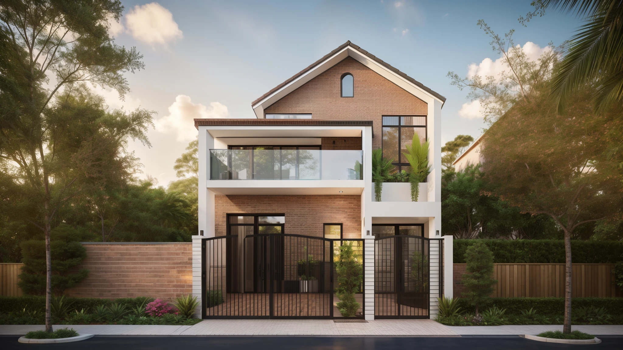 RAW photo,Masterpiece, high quality, best quality, authentic, super detail, townhouse, modern house,( brick wall:1.2) , glass windows, (wooden ceiling:1.1), railing glass, gate, fence, (curve:1.1),tropical trees, day, beautifu sky, (high detailed :1.2), 8k uhd, dslr, soft lighting, high quality, film grain, Fujifilm XT3