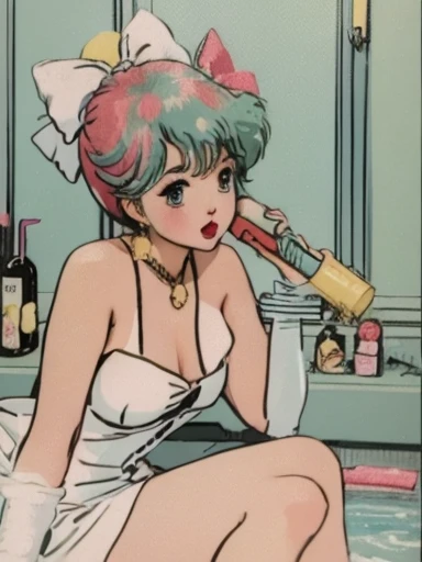 Lady、Emi、makeup、red-lips、Taking a bubble bath、While sipping champagne、soap bubble bubbles