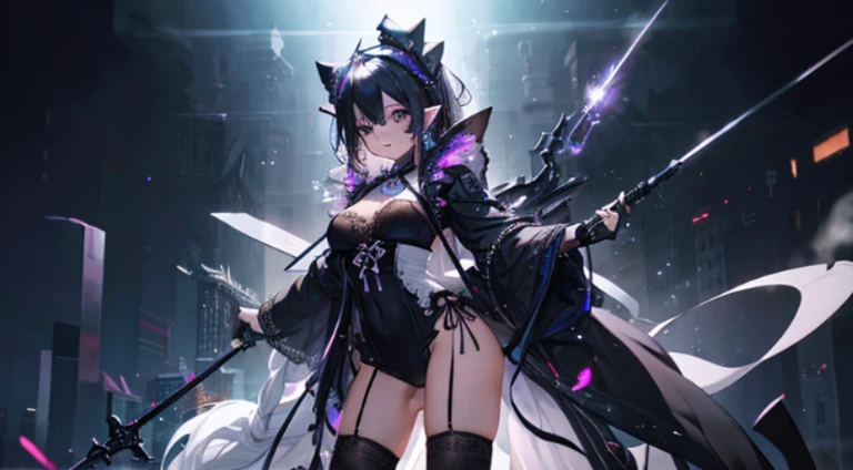 {tmasterpiece}}，Best quality，Very detailed CG-8k wallpaper，电影灯光，lens flare glow，Beautiful colored eyes，The kinky  exposed，black lace bras，Colorful light，Particulate matter，heterochromatic，（One color：1.5）， （black color hair：1.5），Sexual turn，purple eye chest，Black maid rope ripped elf#39;natural，ragged company，Wearing patterned black，wrapped in a blurry white body，Use your arms as support，Legs are very thin and long，texture deliose hair