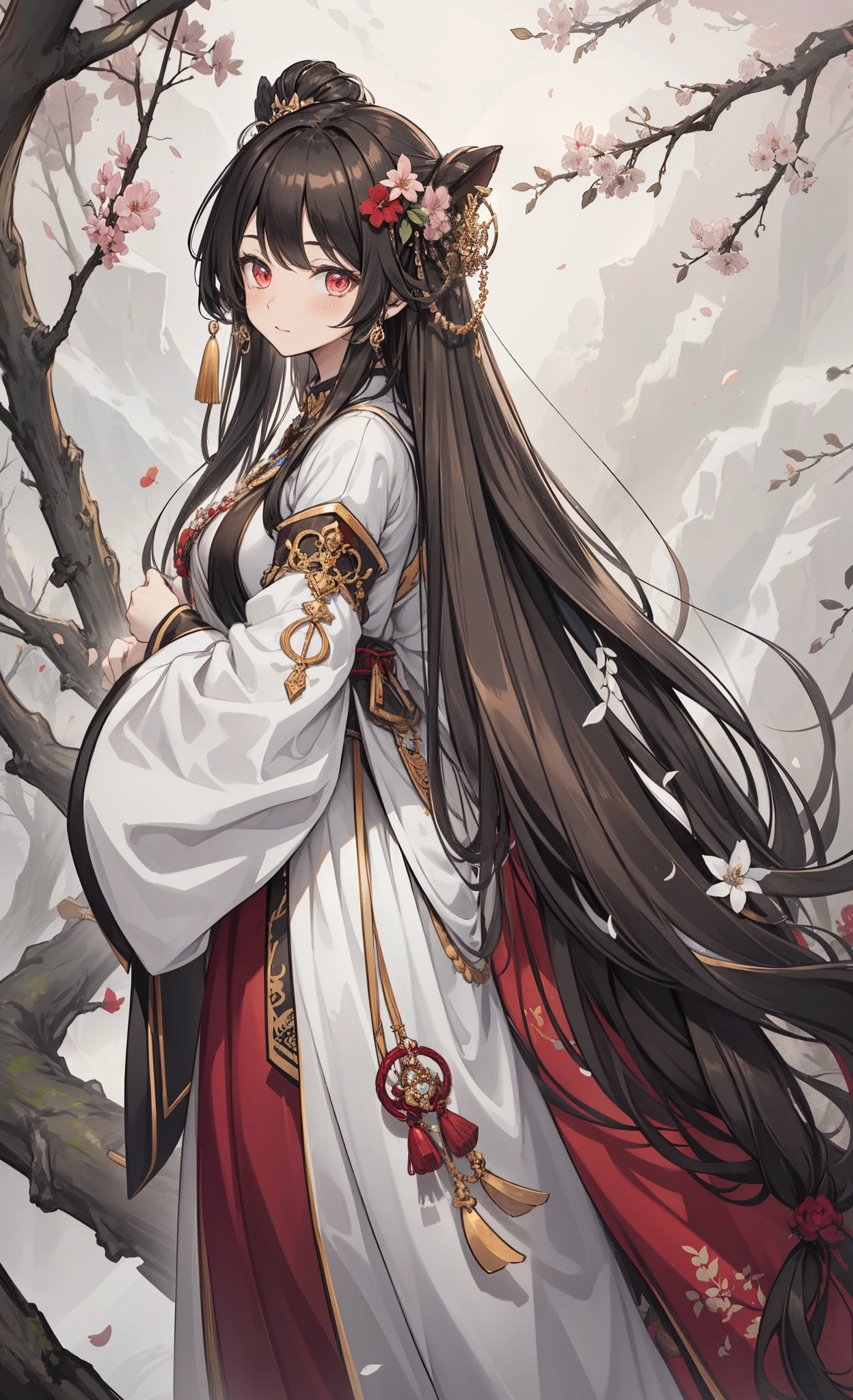 (tmasterpiece:1.2),Atdan, 1 plump girl, Alone, Branch, flowers blooming, jewely, a skirt, ear nipple ring, that tree, through bangs, Long gray hair, hair adornments, view the viewer, Chinese clothes, black hair color hair, hairflower, Brown hair, bshoulder, Very long hair, Wide sleeves, longer sleeves,human character,Light red eyes,Normal fingers