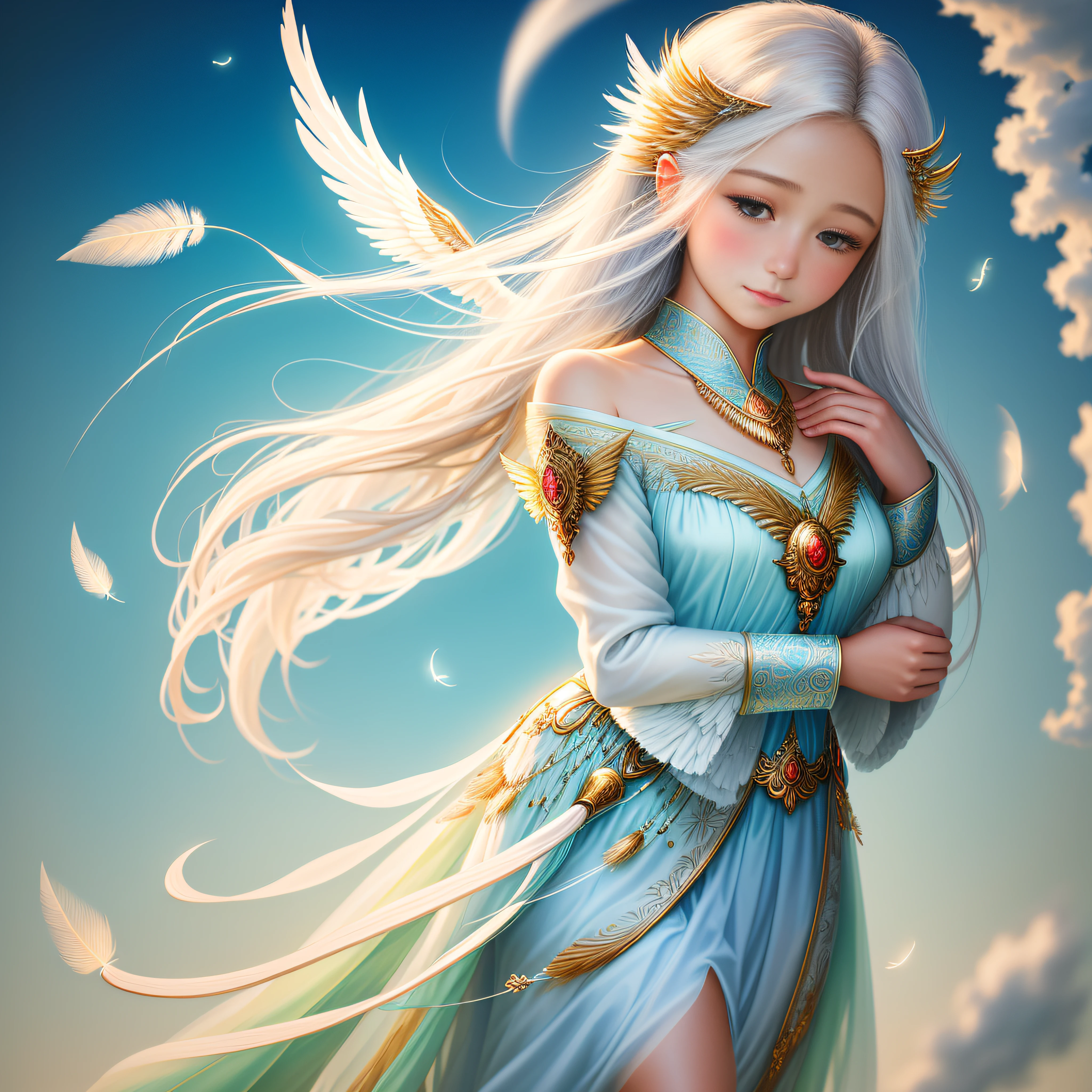 A angel, portrayed through meticulous brushstrokes and vibrant colors, radiates an aura of tranquility and benevolence. The angel's tender expression and gentle eyes convey a sense of watchfulness and care. The ethereal wisps of flowing hair cascade delicately around the angel's shoulders, accentuating their celestial grace, captures the luminosity of the angel's wings, each intricate feather flawlessly rendered. This exquisite masterpiece skillfully captures the essence of divine protection, inviting viewers to seek solace in its sublime beauty. art by Ray Shark