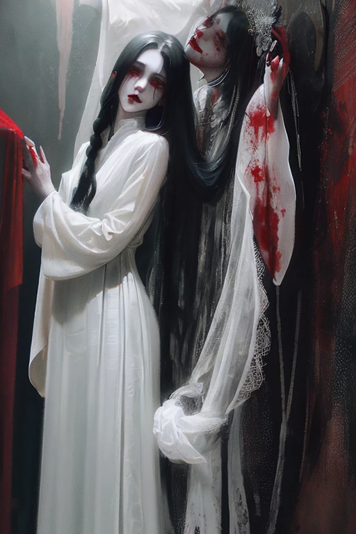 A yandere girl with blood coming from her eyes, detailed eyes and face, long eyelashes, intense and unsettling expression, dark long hair flowing, wearing a white dress, standing in a dimly lit room. Medium: dark horror art. Additional details: sharp focus, creepy atmosphere, blood splatters on the walls, a knife in her hand. Best quality, ultra-detailed, realistic rendering. Color tone: dark and gloomy. Lighting: dramatic shadows and dim lighting, creating a sinister ambiance.