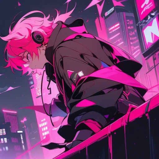 (short-cut), (Two-block hair), (vivid pink hair), (male character), (red eyes), (Cool pose), (of the highest quality), (masterpiece), (ultra-detailliert), (Oversized hoodies), (headphones), (Street), (neons), (Camera from a down angle), (Modern City), (Neon Daylight), (Cinematic), (Stylish), (hight resolution), (Hyper Detailed), (Looking at the camera), (Anime-style), (Softtown), (nightcore), (a handsome man), (Listening to music), (natural appearance of the building), (casual)
