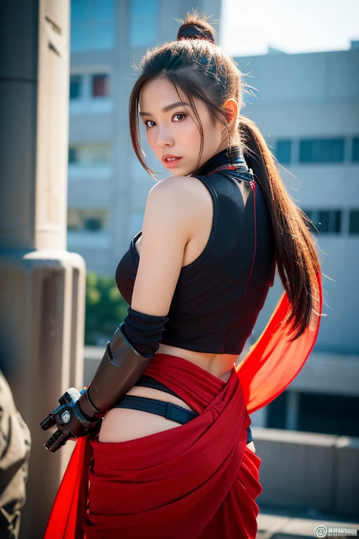 (Female ninja cruel mecha: 1.3, The whole body covered with mechs, Heavy duty AWP on back, SLR camera, Light tracing, 3D, concept-art, Action painting, 电影灯光, lightand shade contrast) :(1.3). Highlight curves, White ponytail hair looks elegant and charming. Masterpiece 8K resolution, (Brutal death and fear): 0.5, The long red scarf flutters in the wind, Set against the backdrop of a war-torn city.