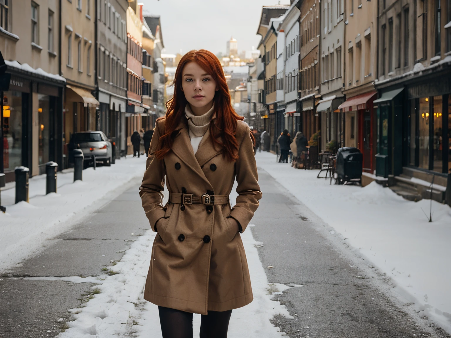 red hair, highest quality, walking on a street, wearing an elegant coat, it snows, she is in motion, morning light, european city
