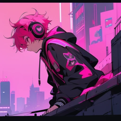 (short-cut), (Two-block hair), (vivid pink hair), (male character), (red eyes), (Cool pose), (of the highest quality), (masterpiece), (ultra-detailliert), (Oversized hoodies), (headphones), (Street), (neons), (Camera from a down angle), (Modern City), (Neon Daylight), (Cinematic), (Stylish), (hight resolution), (Hyper Detailed), (Looking at the camera), (Anime-style), (Softtown), (nightcore), (a handsome man), (Listening to music), (natural appearance of the building), (casual)