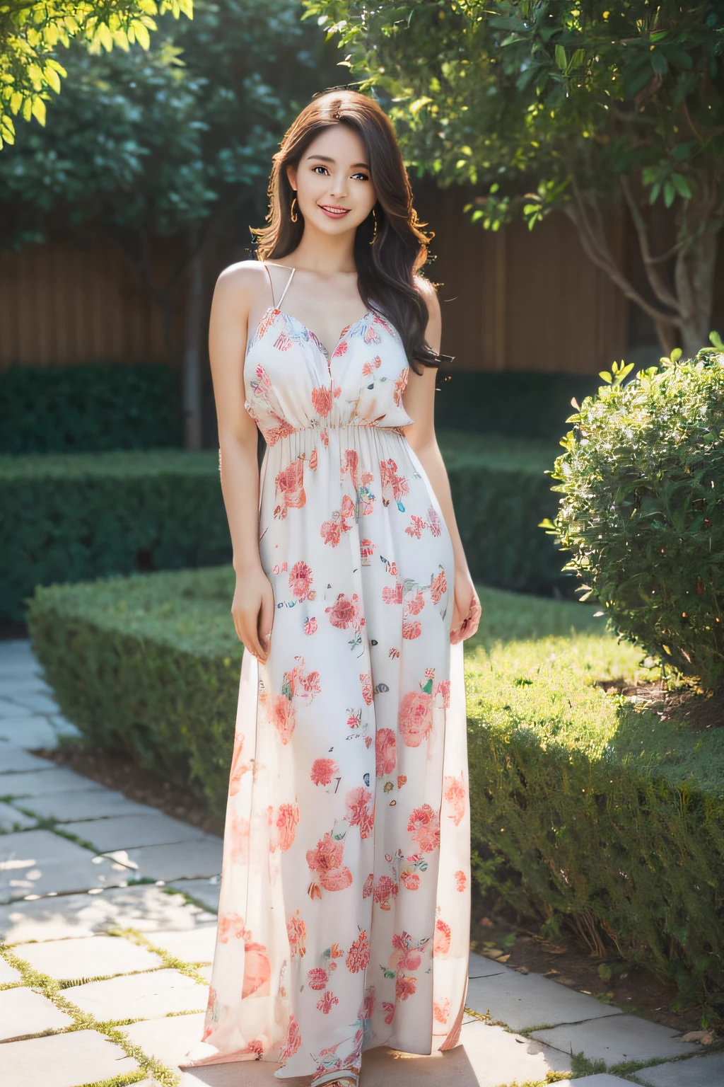 Sunny garden,Standing was a plain-looking but charming woman.. She wears a flowing, long floral dress,Highlight your figure, Exudes a sense of natural elegance. Her hairstyle , Her makeup low-key but highlights her facial features. She stands in a relaxed posture, Her smile gentle and warm, Capturing the essence of her feminine elegance in full-length portraits,Alone, realistically, True humans, high detal