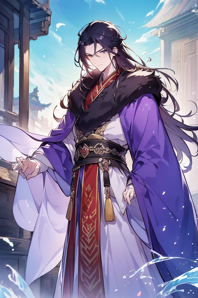 (Best quality,A high resolution,The image  clear:1.2),Ultra detailed backgrounds,Beautiful man standing holding sword，this it，wind blowing through，Chinese style clothes,Purple collar，Fur-collared cape，Cloak，Garden scene,under moonlight,waterfall man，Romantic atmosphere,Dutch Angle Shot,gentlesoftlighting,portrait of upper body，