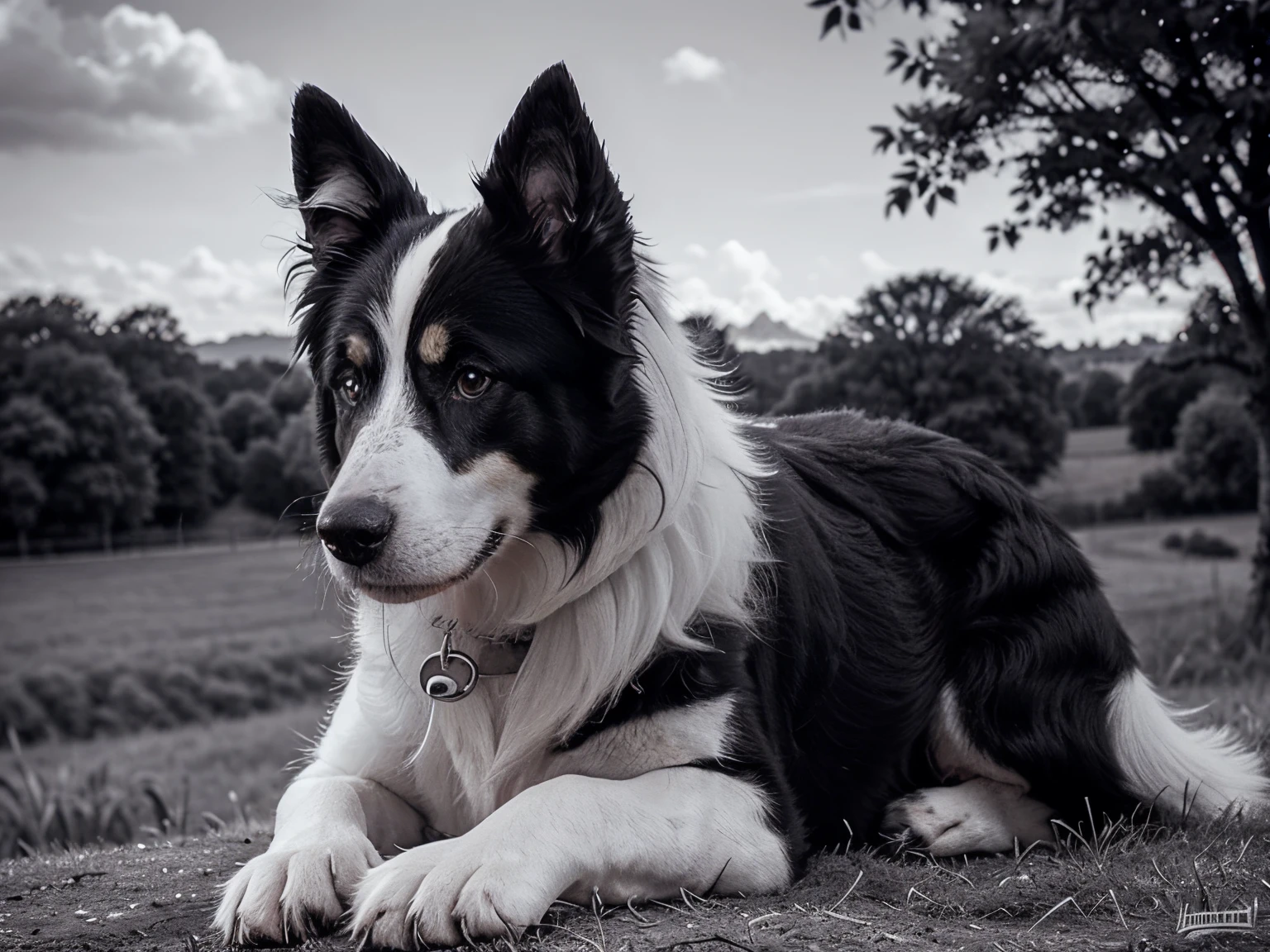 close up shot, in focus, lush farmland background, gorgeous lifelike, (black and white Border Collie dog), intense gaze, close up shot, look side way, hyper details, insane details, intricate details, hyperdetailed, fractal, focused attention