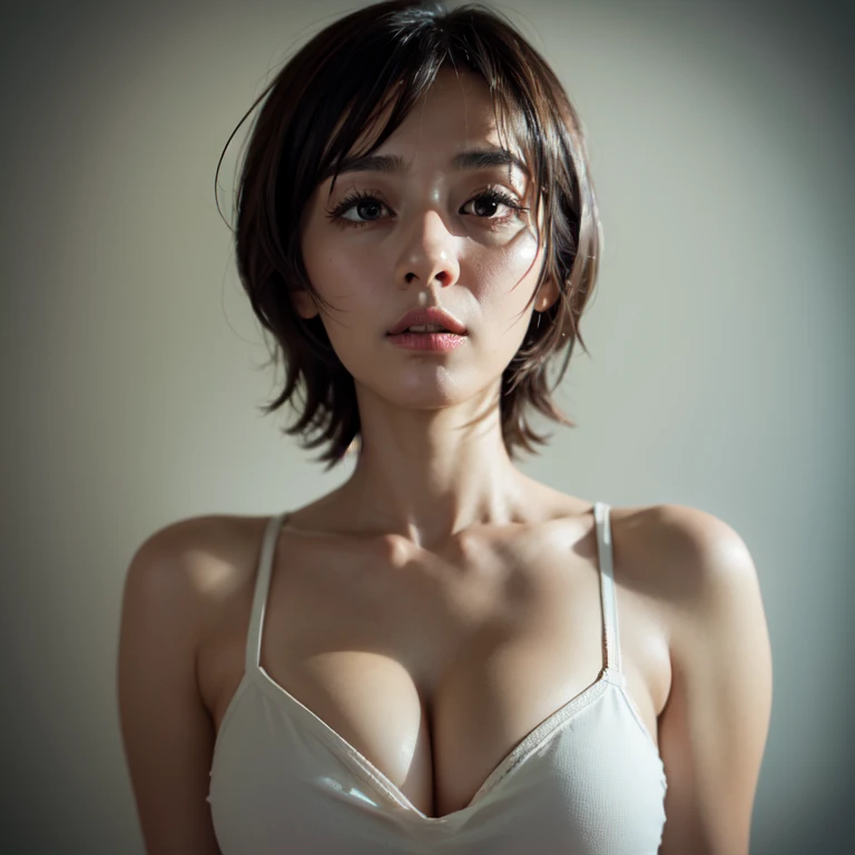 vivid colors, soft lighting, artistic portrait style, (tmasterpiece:1.2, Best quality at best), 1 woman, Alone, The upper part of the body, large tities, Tight white T-shirt and jeanlack short messy hair, makeup,bra less, Confident and relaxed, aprons,parted lips , teats slightly embossing, Look up at the lens, drunk face,