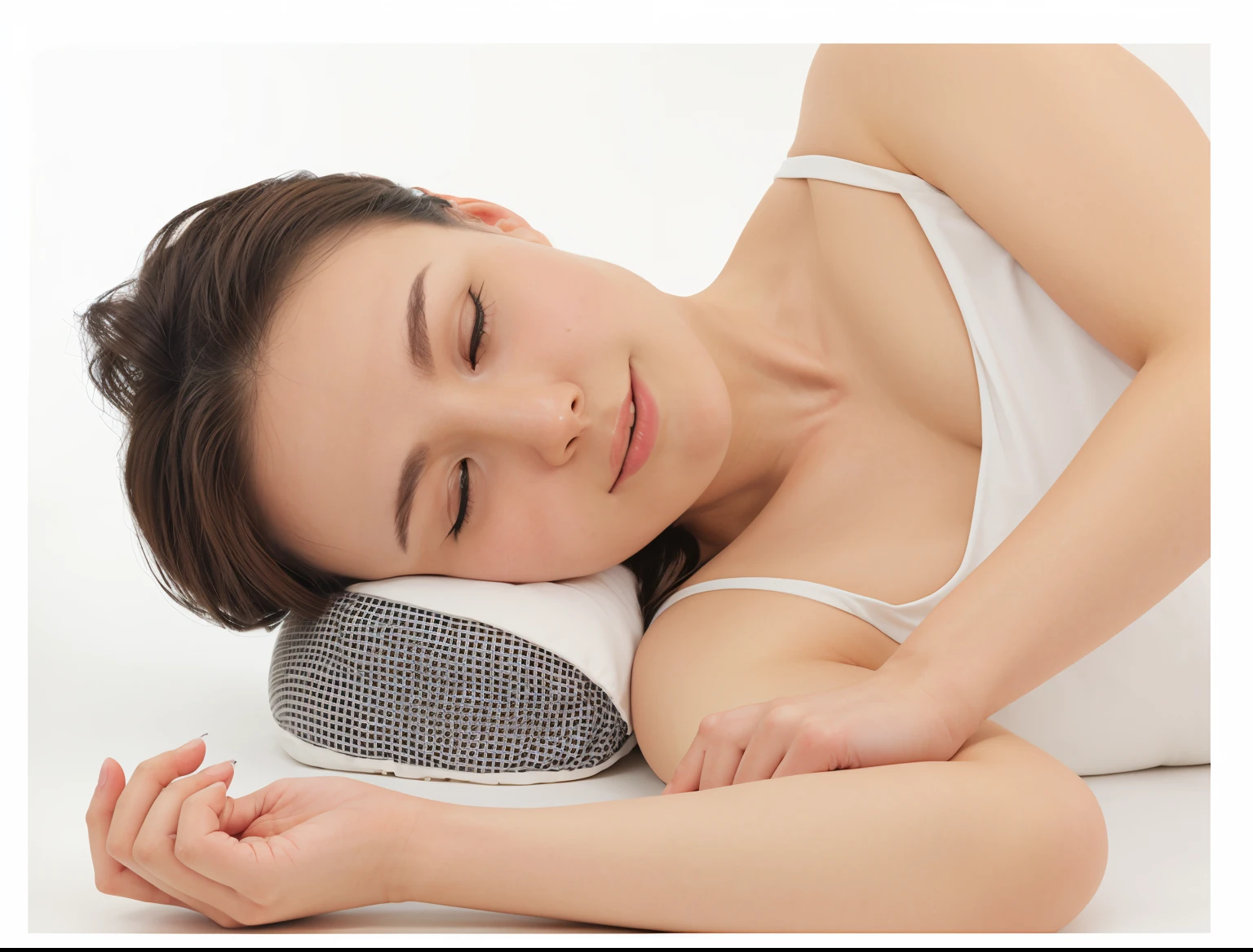 Woman lying on pillow with eyes closed, vivd details, close angle, advertisement picture, Lying down dynamic poses, soft volume absorbation, sleepy, vividness), eguchi, Over-the-shoulder shooting, Bottom corner, inca, side angle, Go to bed, spherical body, runde, iwakura, lie on pillows, mid view