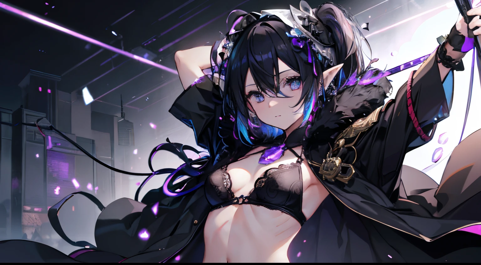 {tmasterpiece}},Best quality,Very detailed CG-8k wallpaper,电影灯光,lens flare glow,Beautiful colored eyes,The kinky exposed,black lace bras,Colorful light,Particulate matter,heterochromatic,(One color:1.5), (black color hair:1.5),Sexual turn,purple eye chest,Black maid rope ripped elf#39;natural,ragged company,Wearing patterned black,wrapped in a blurry white body,Use your arms as support,Legs are very thin and long,texture deliose hair