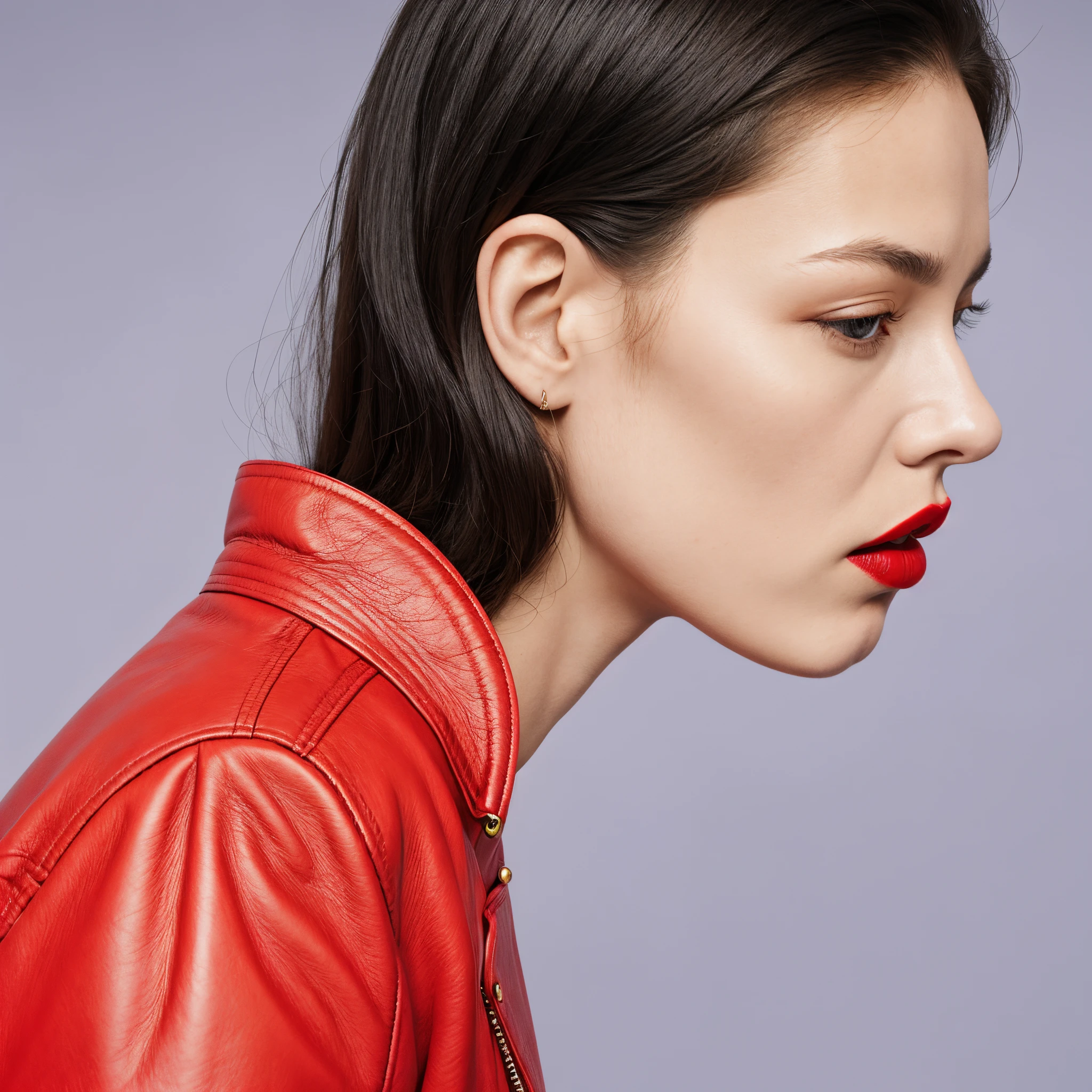 Wearing a red leather jacket、Fide woman with red lipstick,clemens ascher, Alexandra Valishevska, Trending on Dezeen, dezeen, by Julia Pishtar, author:Emma Angeleves and Anita Malfati,