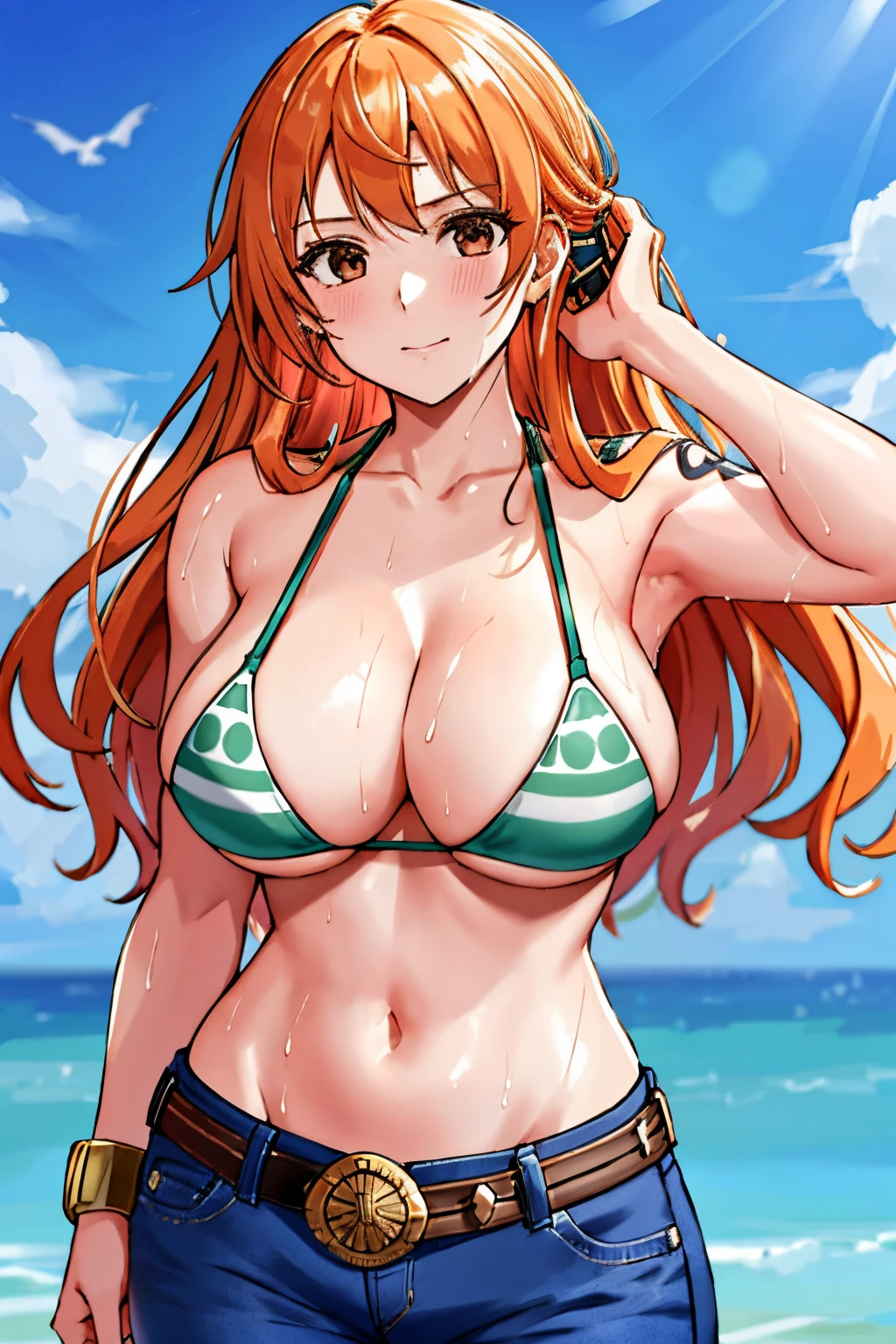 detailedbackground, tmasterpiece, 4K, epic, Best quality at best, late adolescence, , Wrestler's body, strong, 1个Giant Breast Girl, Positive, energetic, (Toucone, biz \(A piece of\), 1个Giant Breast Girl, bangle, (Very wet, Soaked in sweat, Full Body Sweat, The hair wet, Tired, with her mouth open, exhausted, shout, Sweaty face, Body sweating, Sweating too much, shiny sweat, tilt, both hands on hip, Serious, Glaring, open eyes, Perfect and detailed face shape, with a round face, Sweaty face) thick line drawing, muscular arms, Detailed thick arm lines, Flat jaw, maam, Wavy wide bangs, floating bangig cheeks shoulders, cropped shoulders, obi strip, 比基尼, Bikini tops only, blue-sky, bangle, Resilient, Brasils, big and round eyes, Very large brown shiny eyes, airbubble, High eye position, Chopping, clouds, daysies, Denim, 耳Nipple Ring, Fluttering, shinny hair, green belt, green bikini, bold groin line, denim pant, jewely, medium, Logarithmic posture, long whitr hair, looking at viewert, Big belly button, Wet hair, orange color hair, trouser, Shoulder tattoos, side locks, Skysky, Alone, Permanent, stomach, swim wears, Tattooed with , looking at viewert, with her mouth open, Detailed left arm, big forehead, Hourglass figure, small heads, tonedbody, Broad hair, Wind-effect, The sunlight effect, Under the sunlight, Narrow corners of ears, older, randome pose,