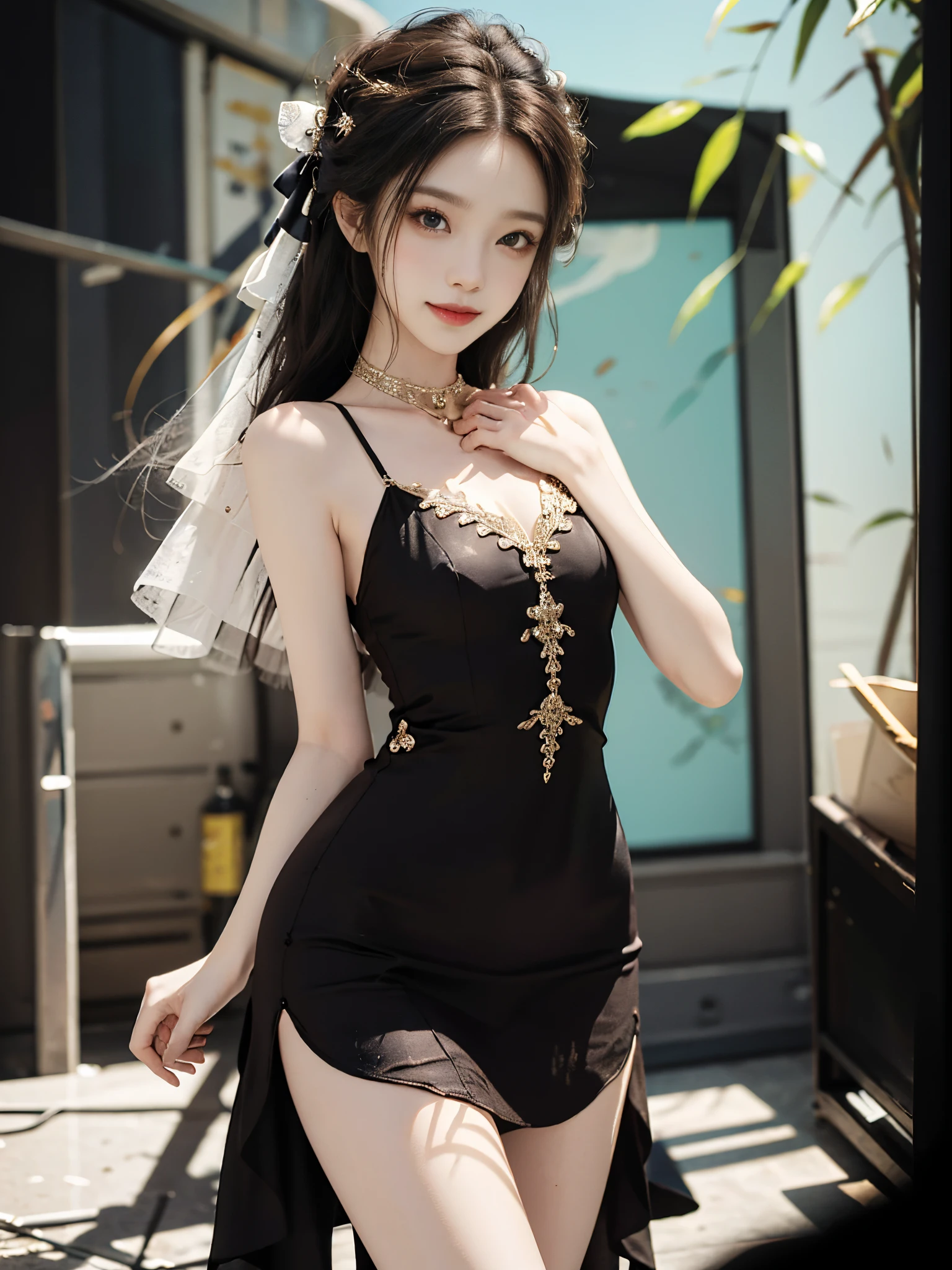 dress, fashi-girl, ((cowboy shot)), A beautyful girl, a young female model, Random pose, posing elegantly, visually appealing, tmasterpiece, (Best quality at best, 4K, 8K, A high resolution, tmasterpiece:1.2), a warm color palette, ultra - detailed, Ultra-fine painting, delicated face, long slim figure, slim, largeeyes, pretty eyes, Hefty Smile, Random shooting angle, Random scenes