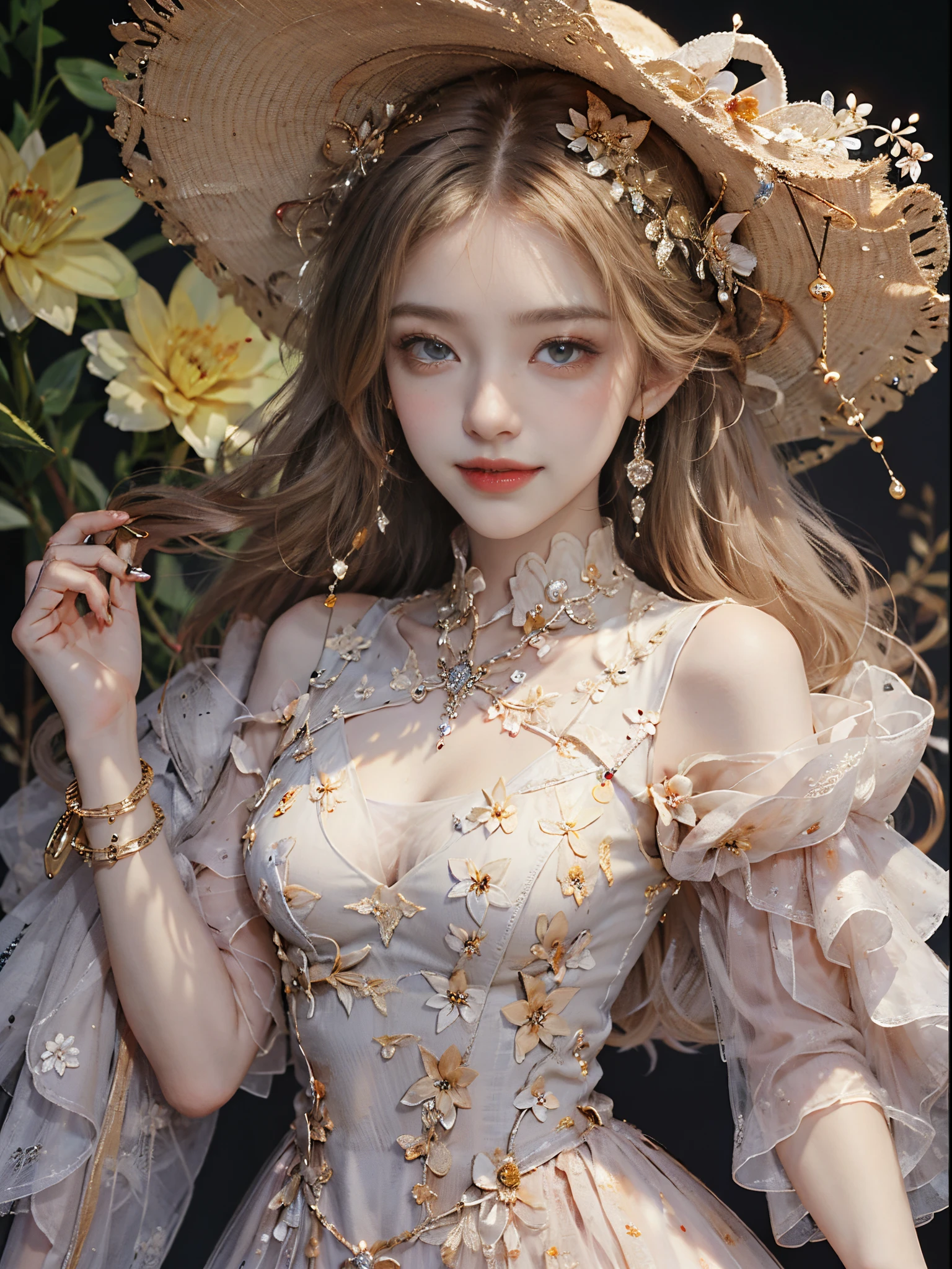 evening dress S9,flower,, fashi-girl, ((cowboy shot)), A beautyful girl, a young female model, Random pose, posing elegantly, visually appealing, tmasterpiece, (Best quality at best, 4K, 8K, A high resolution, tmasterpiece:1.2), a warm color palette, ultra - detailed, Ultra-fine painting, delicated face, long slim figure, slim, largeeyes, pretty eyes, Hefty Smile, Random shooting angle, Random scenes