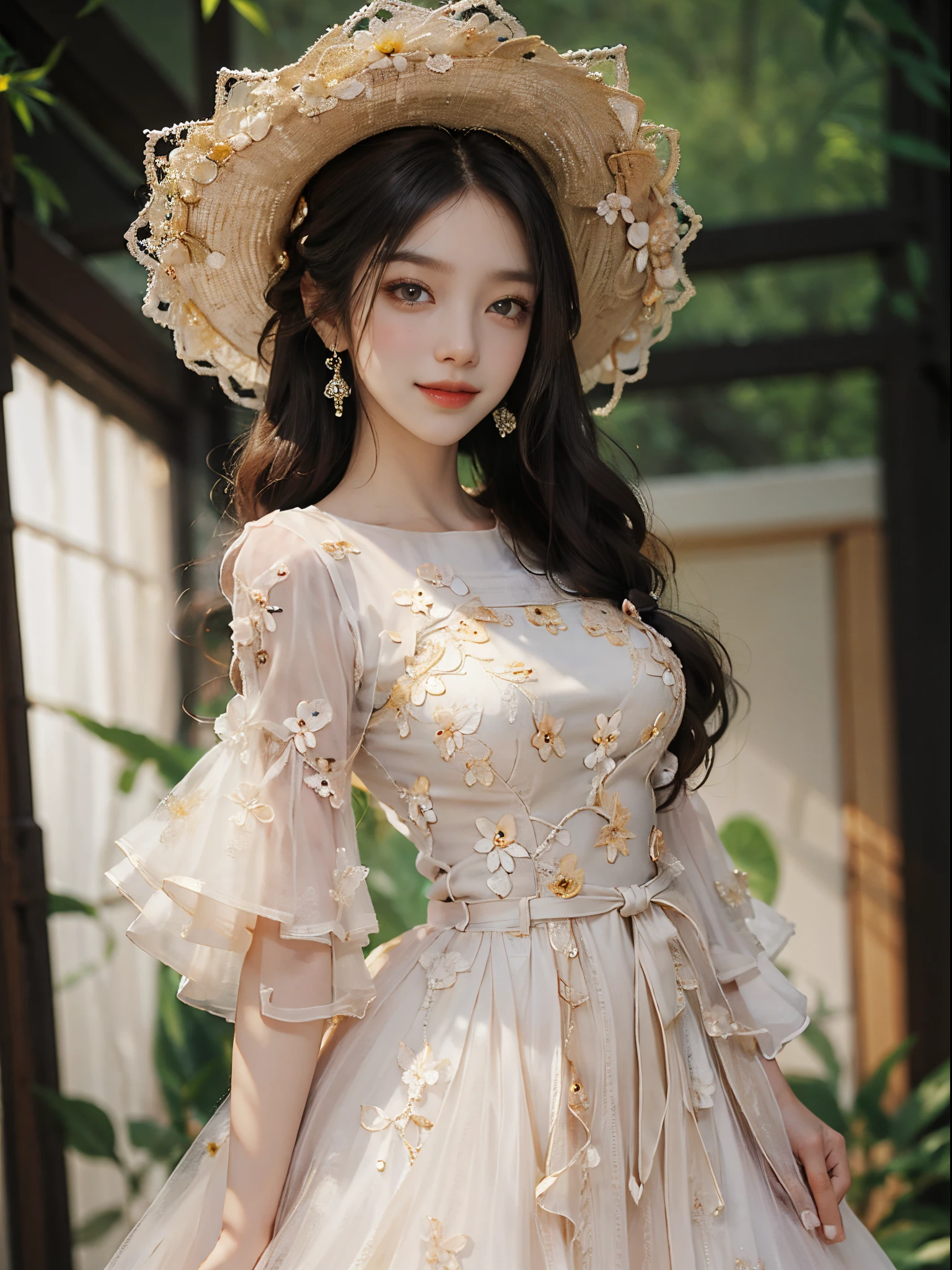 evening dress S9,flower,, fashi-girl, ((cowboy shot)), A beautyful girl, a young female model, Random pose, posing elegantly, visually appealing, tmasterpiece, (Best quality at best, 4K, 8K, A high resolution, tmasterpiece:1.2), a warm color palette, ultra - detailed, Ultra-fine painting, delicated face, long slim figure, slim, largeeyes, pretty eyes, Hefty Smile, Random shooting angle, Random scenes