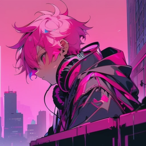 (short-cut), (Two-block hair), (vivid pink hair), (male character), (red eyes), (Cool pose), (of the highest quality), (​masterpiece), (ultra-detailliert), (Oversized hoodies), (headphones), (Street), (neons), (Camera from a down angle), (Modern City), (Neon Daylight), (Cinematic), (Stylish), (hight resolution), (Hyper Detailed), (Looking at the camera), (Anime-style), (Softtown), (nightcore), (a handsome man), (Listening to music), (natural appearance of the building), (casual)