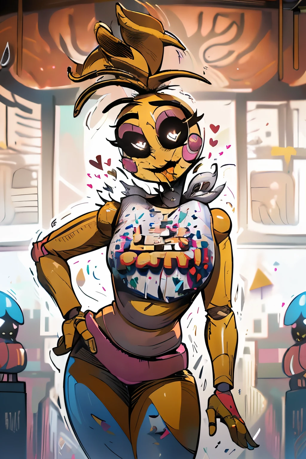 (obra-prima, melhor qualidade: 1.2), ToyChica, 1girl, solo, adesivos de blush, calcinha, cueca, calcinha rosa, seios, crop top, Heart, pele colorida, camisa, pele amarela, symbol-shaped pupils, heart-shaped shaped pupils, olhos negros, seios grandes, Joints, colarinho, standingn, roupas escritas, esclera colorida, cabelo de antena, camisa branca, lateral, tronco cortado, aconchego, dentro de casa, sexy, tongue out, teasing, Sky