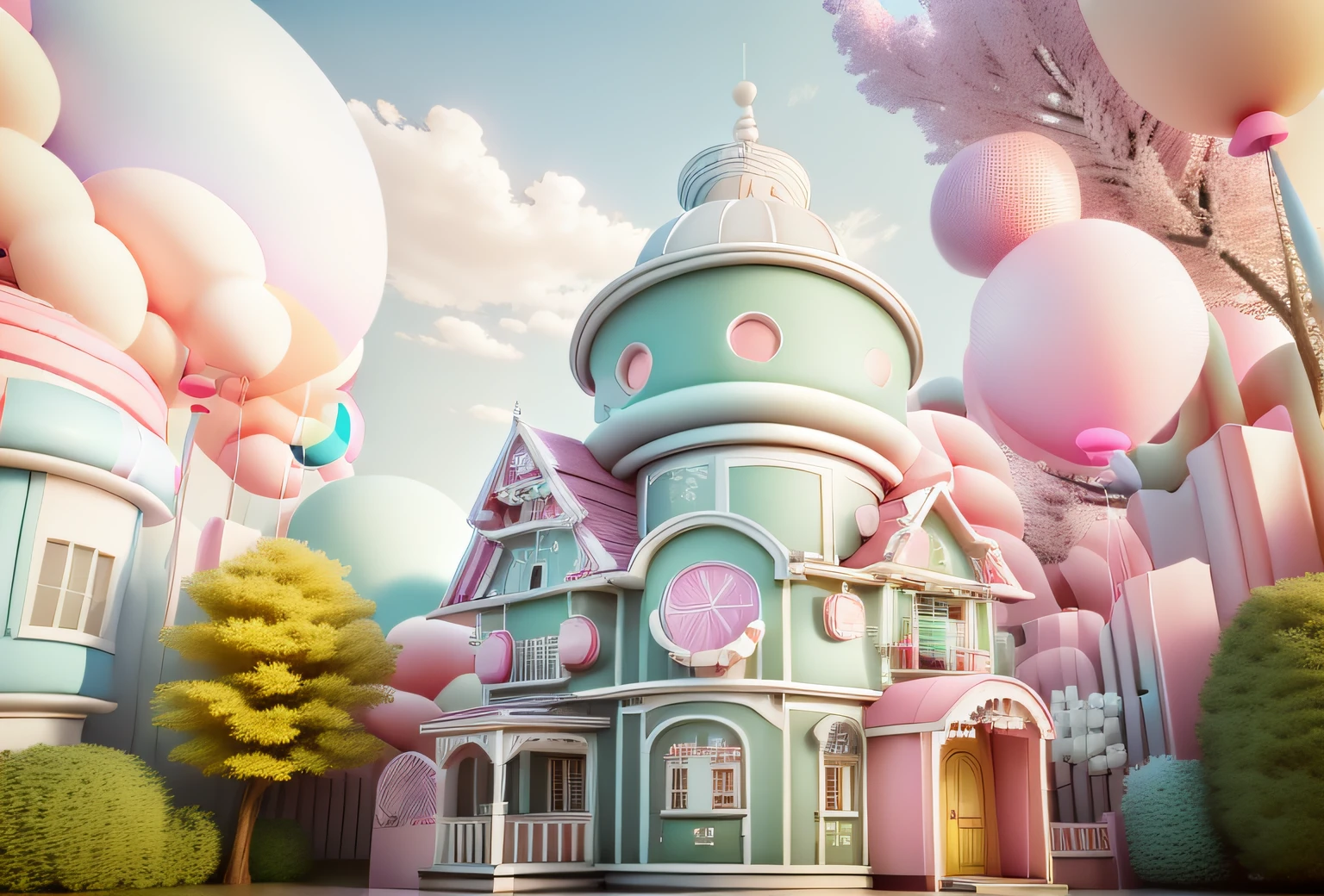 There  a large group of balloons and a house with a pink door, in a candy land style house, candy forest, beautiful render of a fairytale, magical fairy background, candyland, sunlight and whimsical houses, fairy tale style background, House background, In Baiyun Wonderland, Cute 3d rendering, very magical and dreamy, stylized 3d render