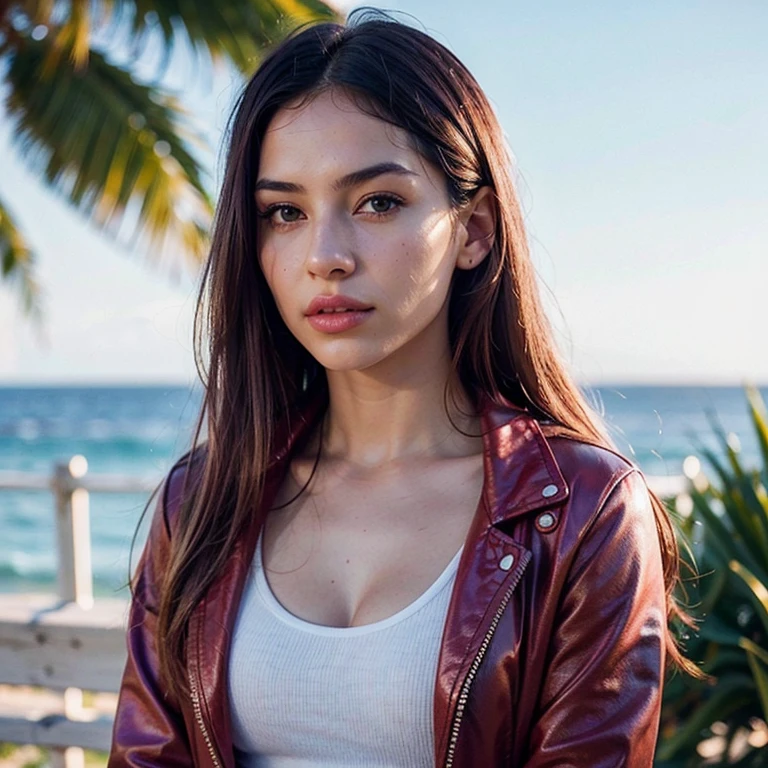 1 Spanish girl, 20yo, realistic skin, fair skin, exact violet hair, amber eyes,((photorealistic)) ((masterpiece)), 8k high resolution, hyper realistic, beach, pink lips, long beautiful violet hair, blush cheeks, fair white skin, photorealistic, ((camera distance 1.1m)) (((insta model))), pure violet hair, from back, skinny perfect face, heart face shape, wearing a red jacket